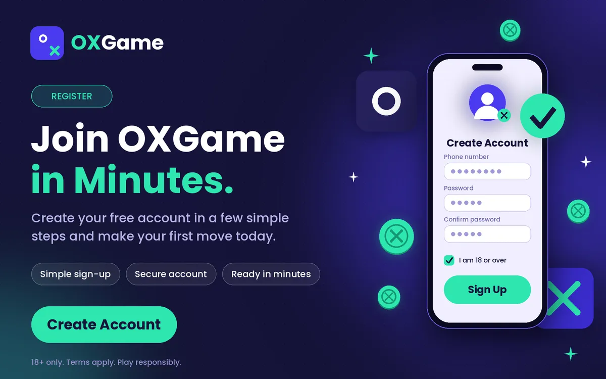 OXGAME sign-up screen for a new account